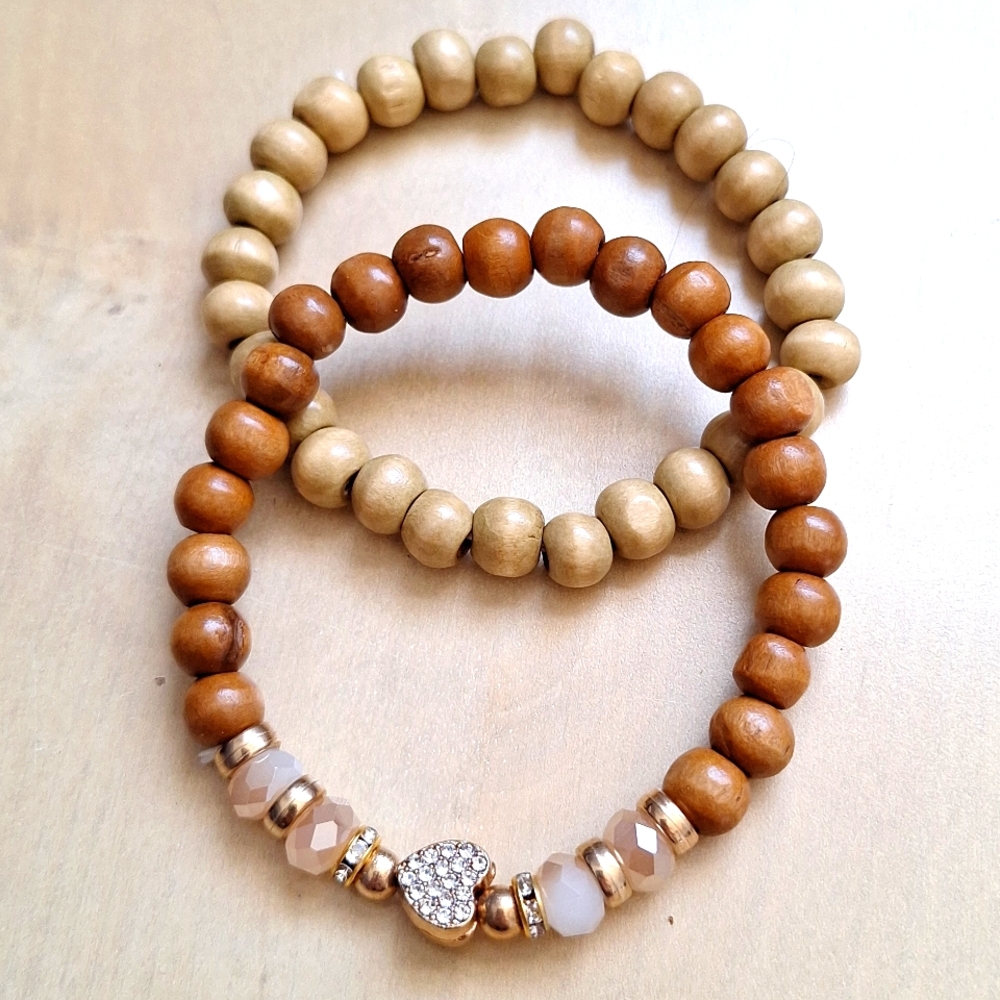 3 for $15 Set of 2 Heart Brown & Tan Bead Bracelets With Colored Accen…